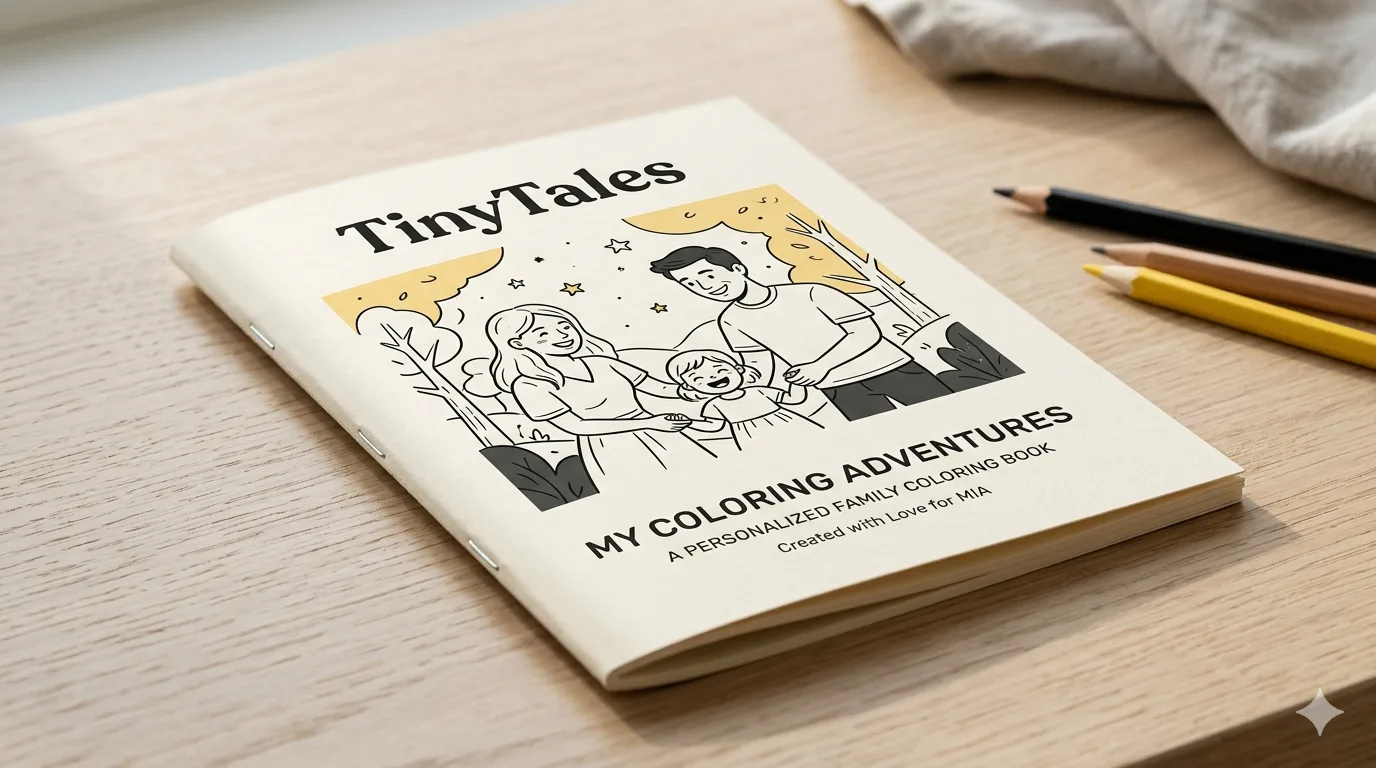 TinyTales book at a three-quarter angle on a wooden desk